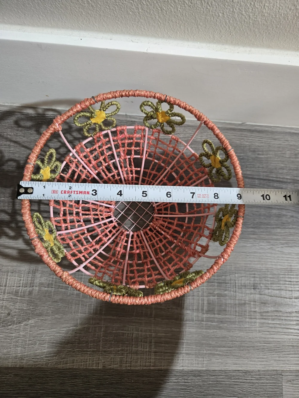 Handwoven Coral and Green Floral Accent Bowl